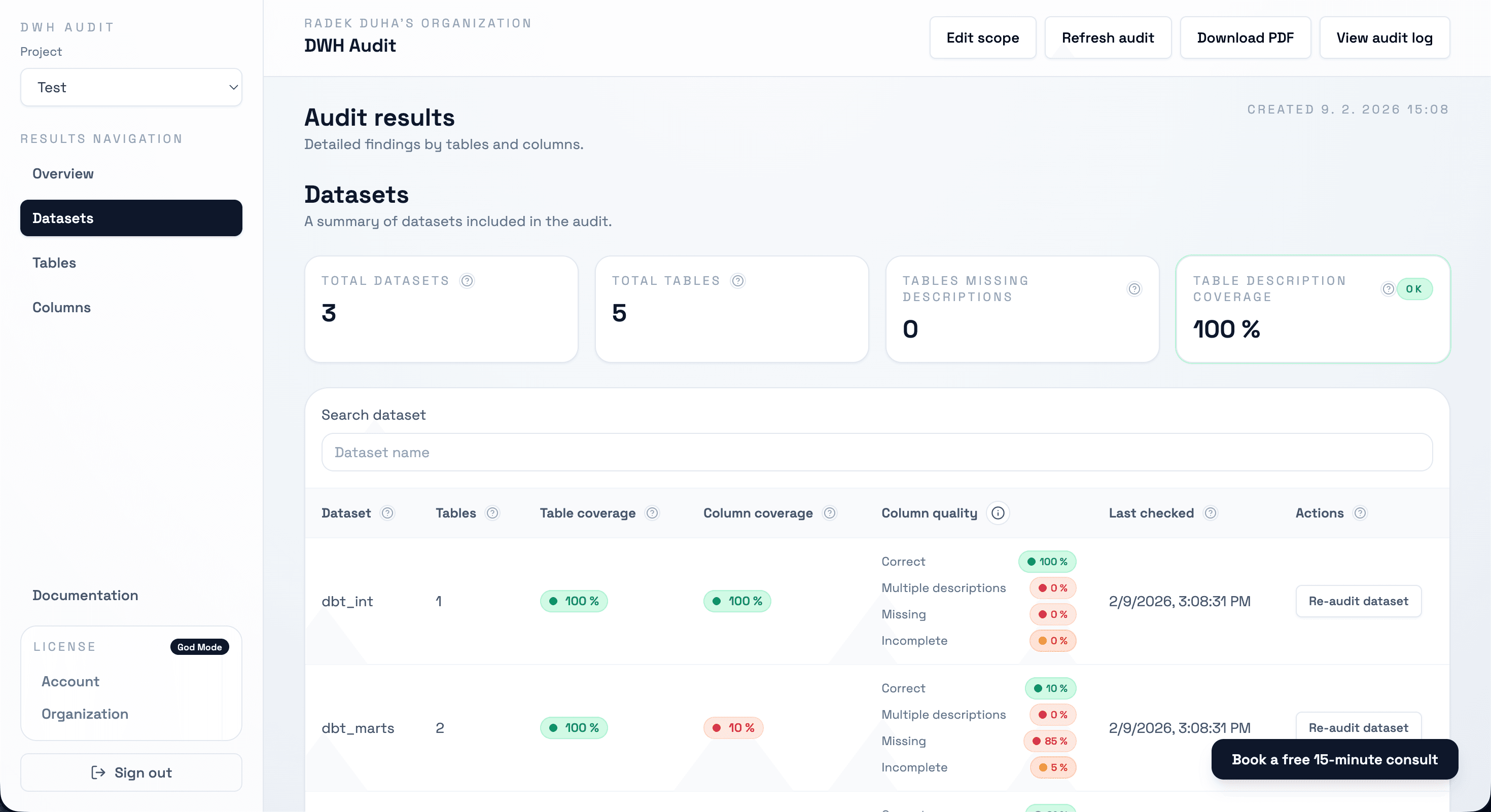 DWH Audit Tool dataset and table selection screen for choosing audit scope.