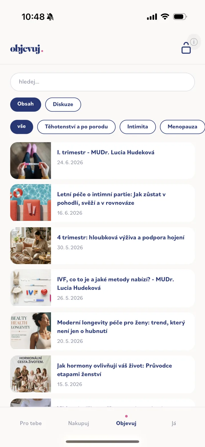 Discover: editorial articles filtered by life stage, scraped from the Shoptet blog into a JSON feed.