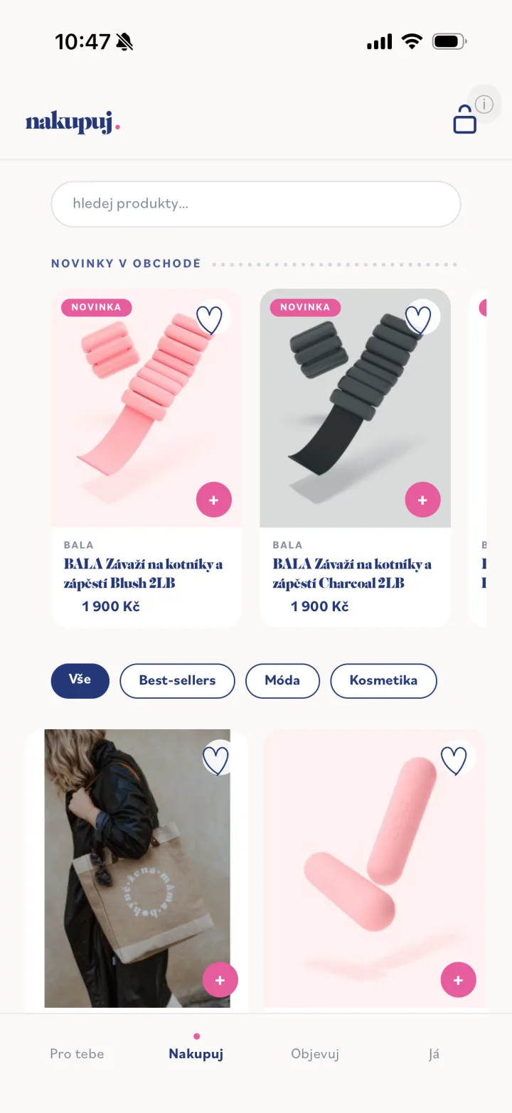 Shop: product grid, search, merchandising chips and NEW/SALE badges over a Shoptet-sourced catalog.